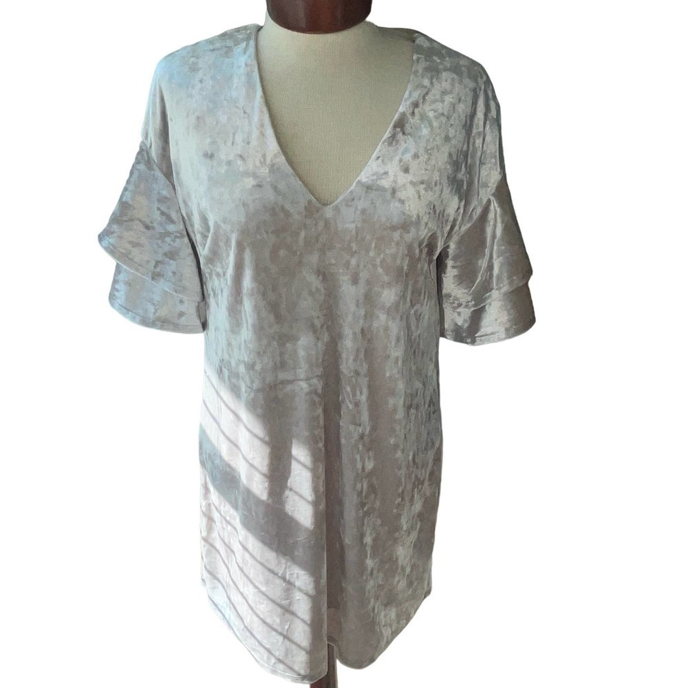 Bo Bel Pink Velvet V-Neck Dress Ruffle Sleeve Small